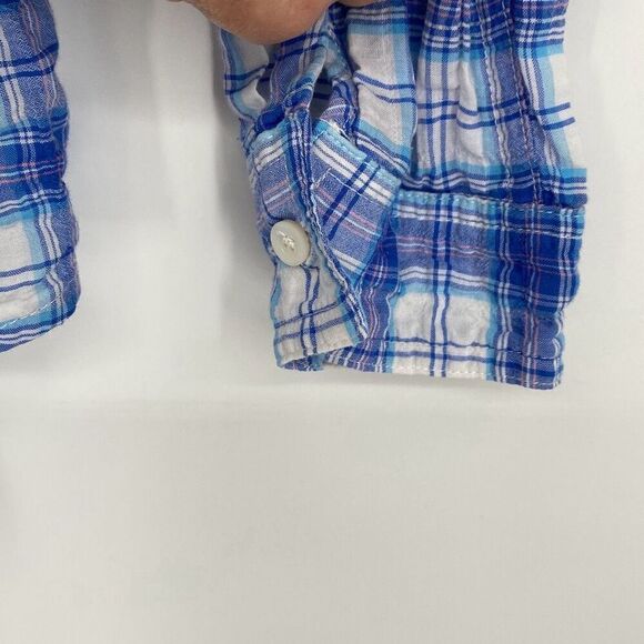 J. McLaughlin Lois Textured Crinkle Cotton Plaid Pastel Cool Crisp Button Down S - Picture 4 of 12